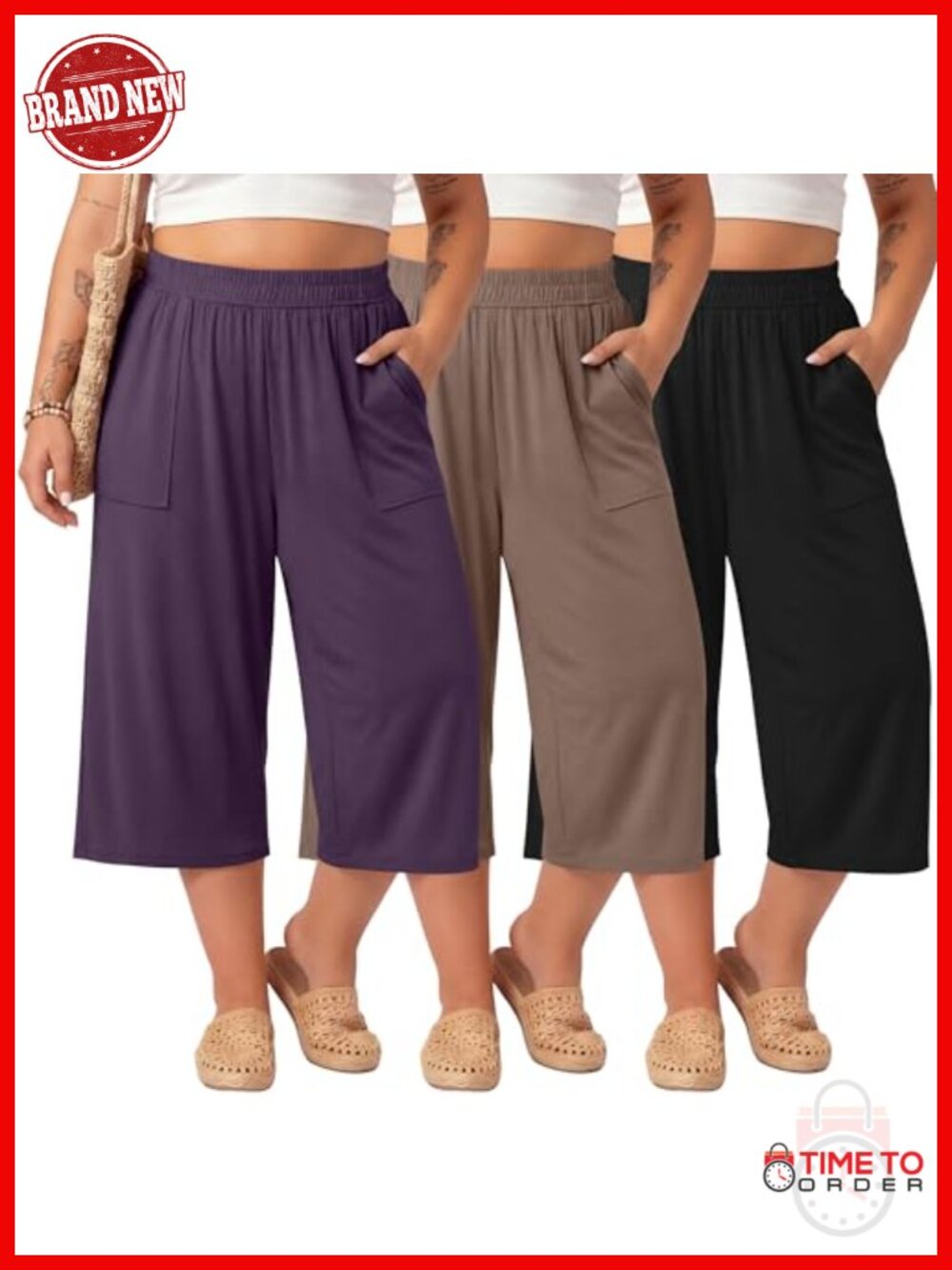 3 Pack Plus Size Capris Cotton Wide Leg Cropped Pants with Pockets